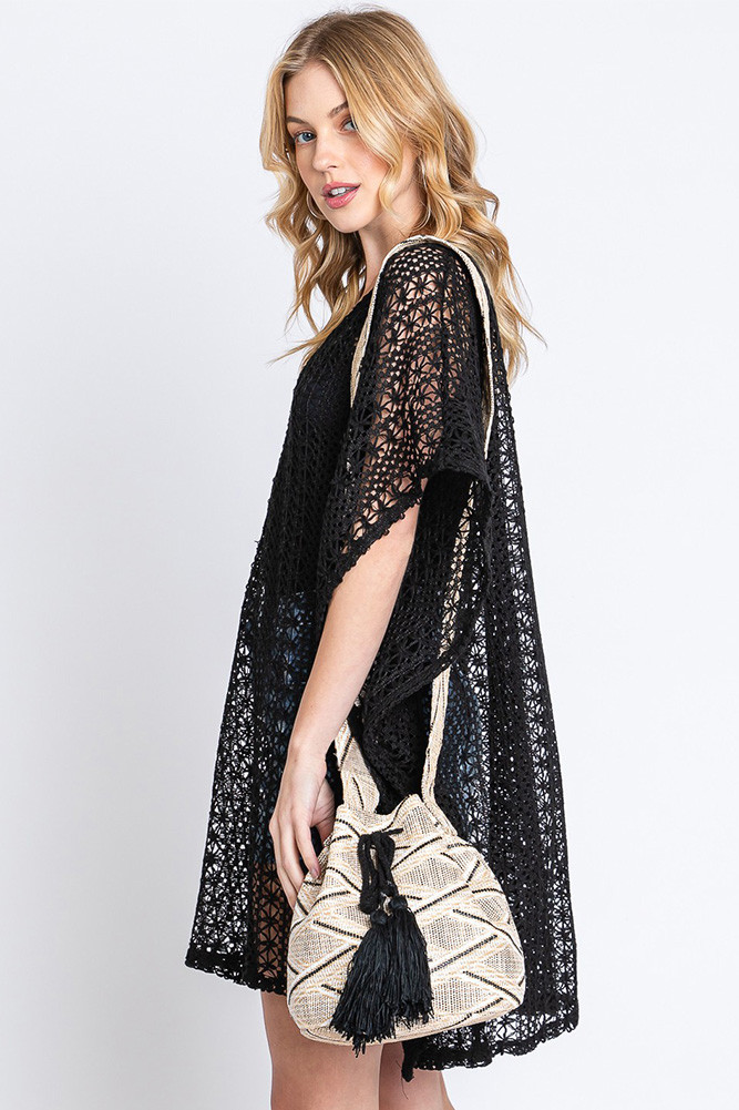 Women's Aztec Pattern Strap Aztec Bucket Bag in Black
