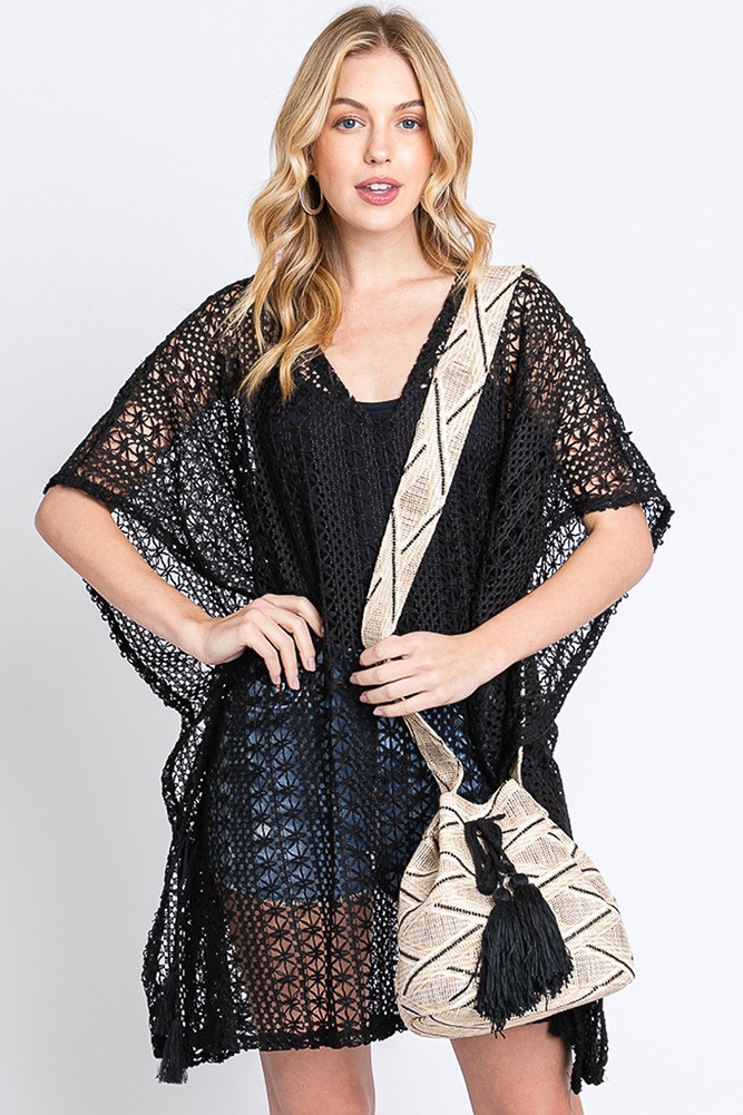 Women's Aztec Pattern Strap Aztec Bucket Bag in Black