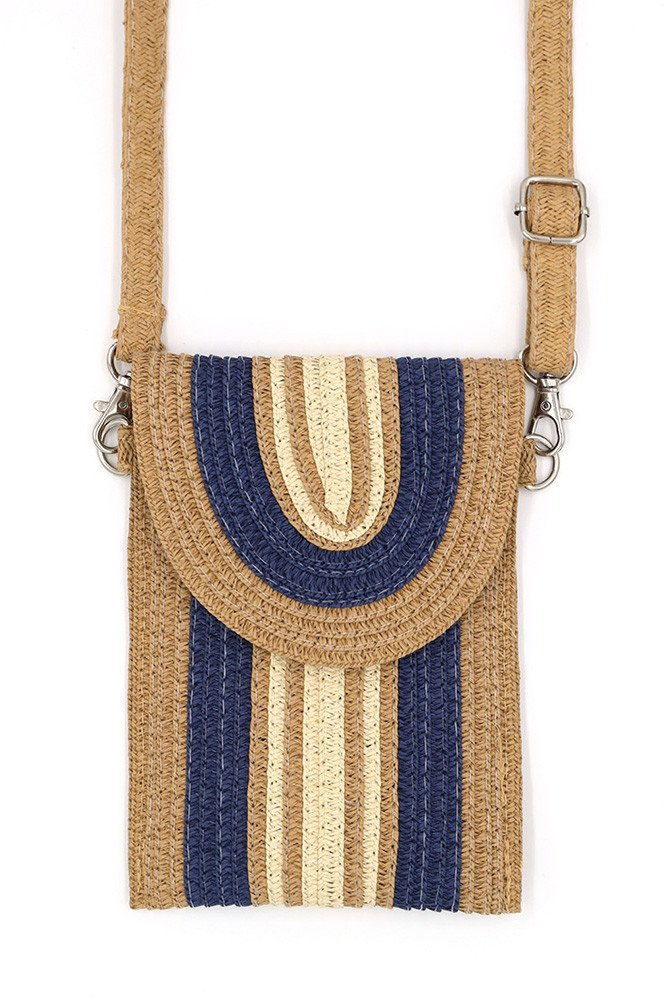 Women's Striped Pattern Straw Cell Phone Crossbody Bag in Navy