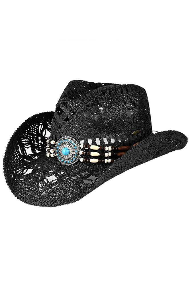 Women's Western Wooden Bead Band Tea-Stain Cowboy Hat in Black