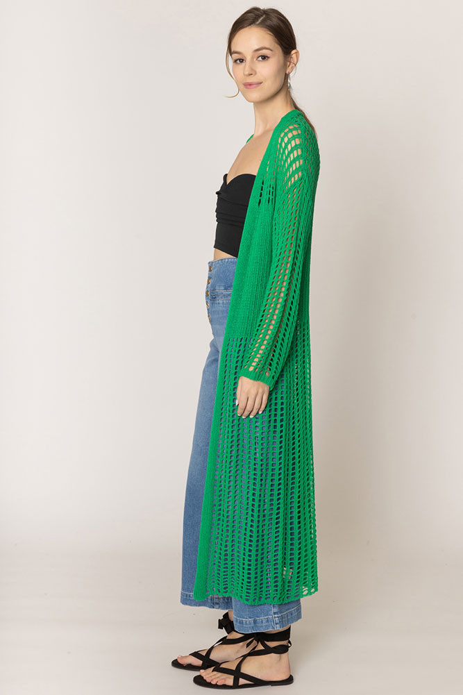Women's Chest Blocked Crochet Long Cardigan in Green