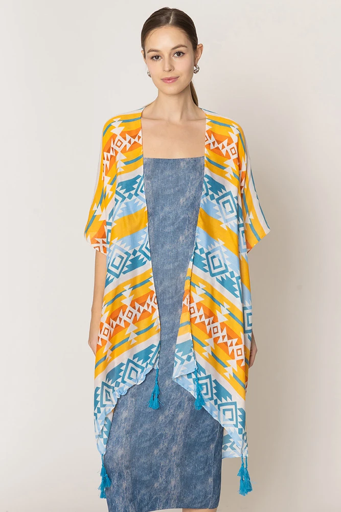 Women's Aztec Pattern Print Tassel Kimono in Blue by BURACQ