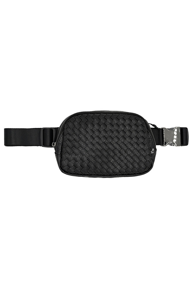 Women's Vegan Leather Woven Fanny Pack Belt Bag in Black