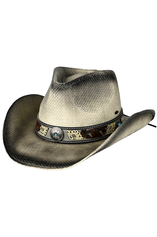 Women's Vegan Leather Tea-Stained Cowboy Hat in Black