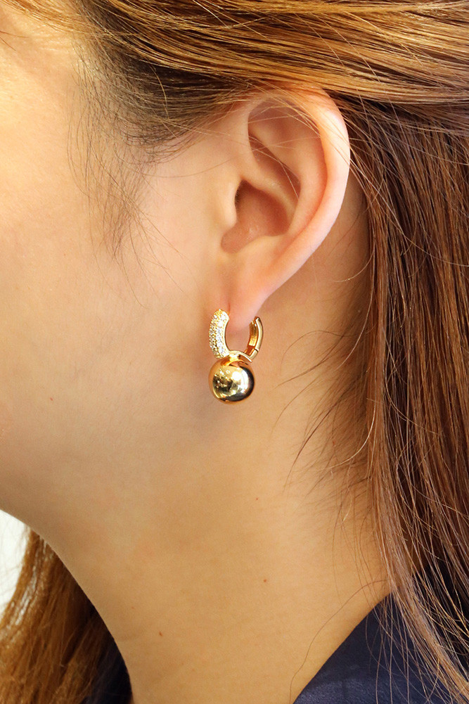 Women's 14K Gold Dipped Ball Drop Pave CZ Huggie Earrings in Gold