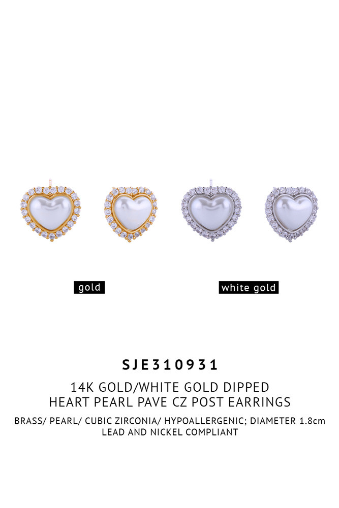 Women's 14K Gold Dipped Heart Pearl Pave CZ Stud Earrings — earrings photo 2