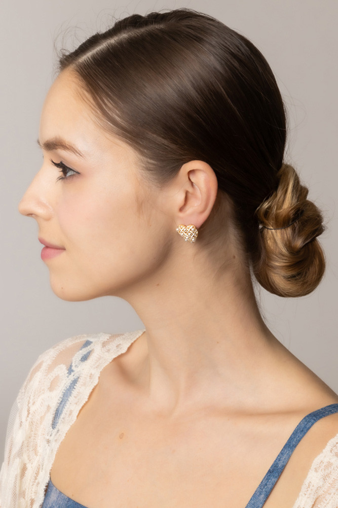 Women's 14K Gold Dipped Woven CZ Pearl Heart Stud Earrings in Gold