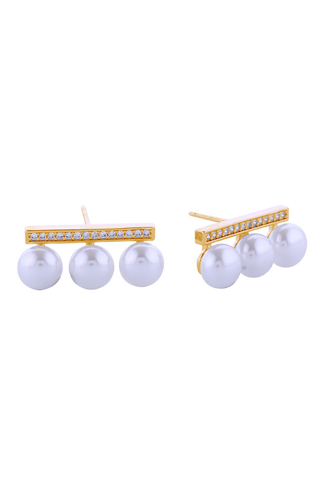 Women's 14K Gold Dipped CZ Bar Trio Pearl Stud Earrings in Gold