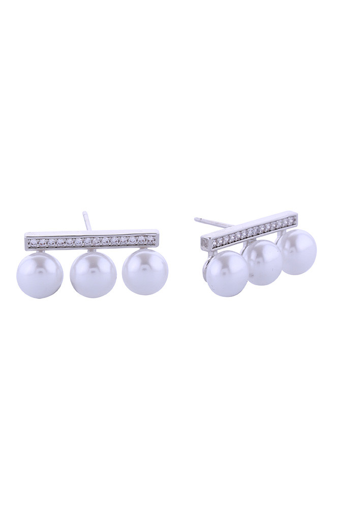 Women's 14K Gold Dipped CZ Bar Trio Pearl Stud Earrings by BURACQ