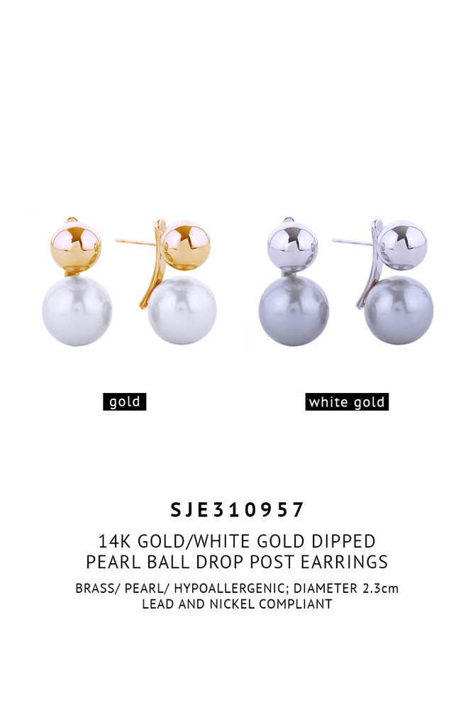 Women's 14K Gold Dipped Pearl Ball Drop Stud Earrings — earrings photo 2