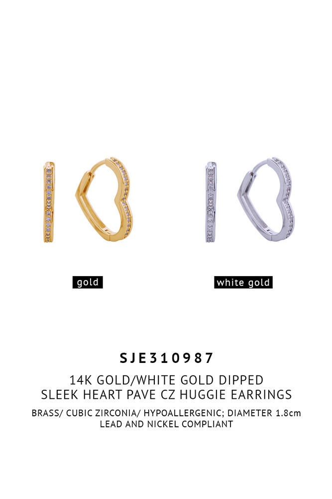 Women's 14K Gold Dipped Sleek Heart Pave CZ Huggie Earrings — huggie earrings photo 2