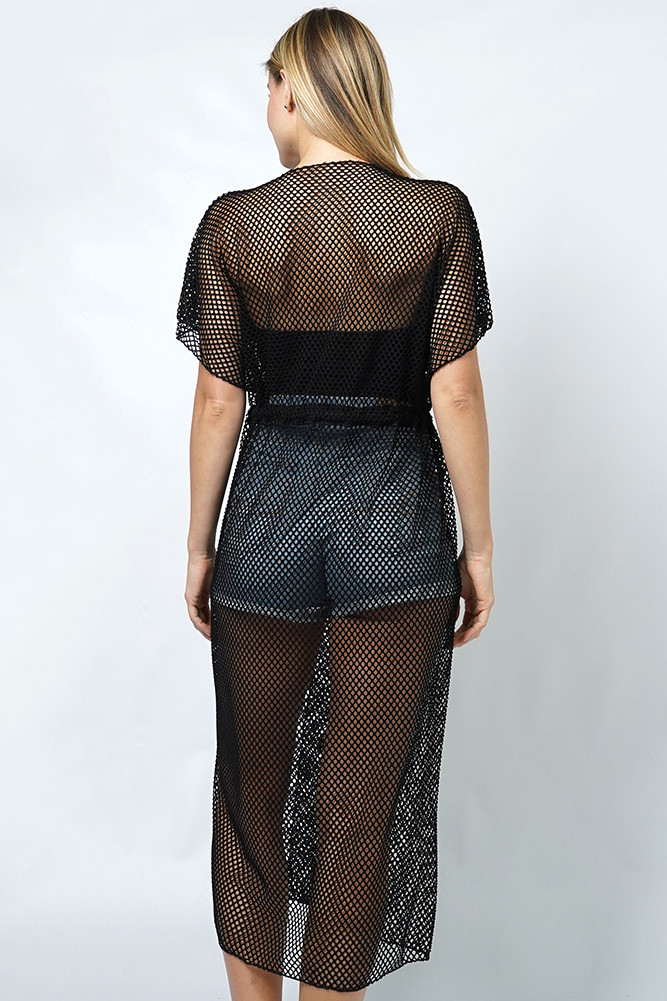 Women's Solid Mesh Vest Cover-Up with Draw String in Black