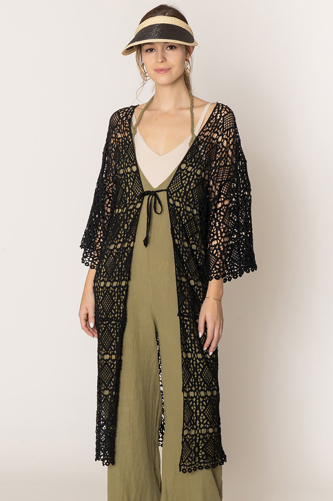 Women's Solid Crochet Cardigan in Black