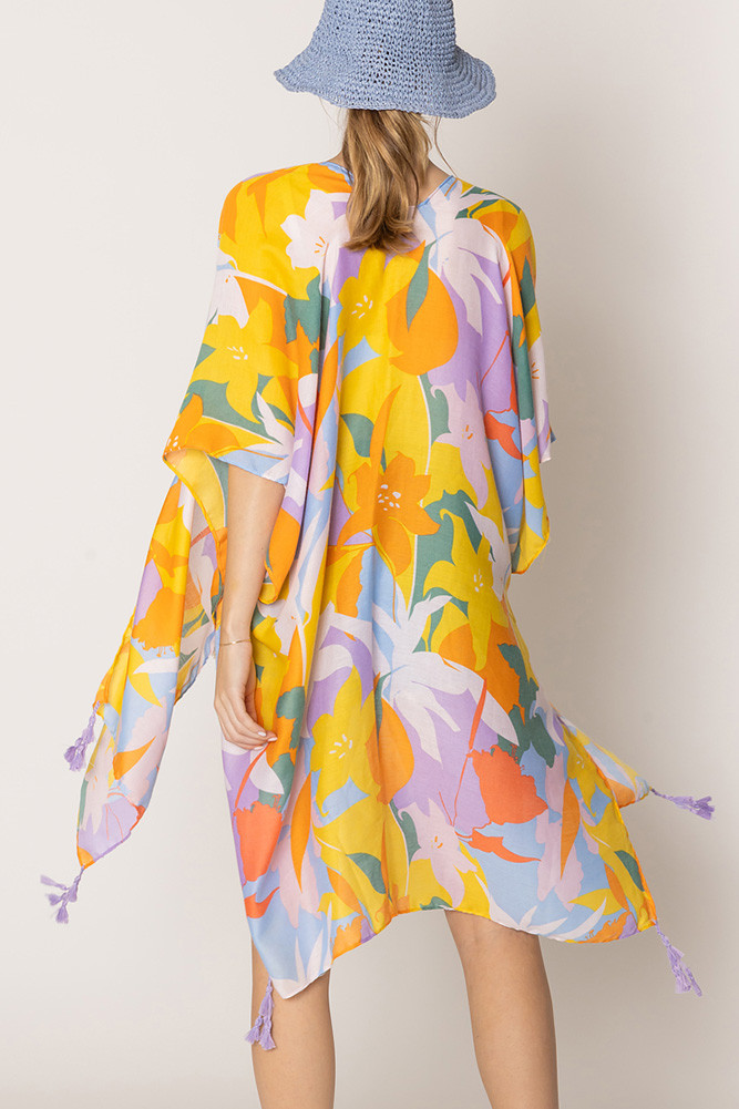 Women's Floral Print Tassel Kimono in Lavender