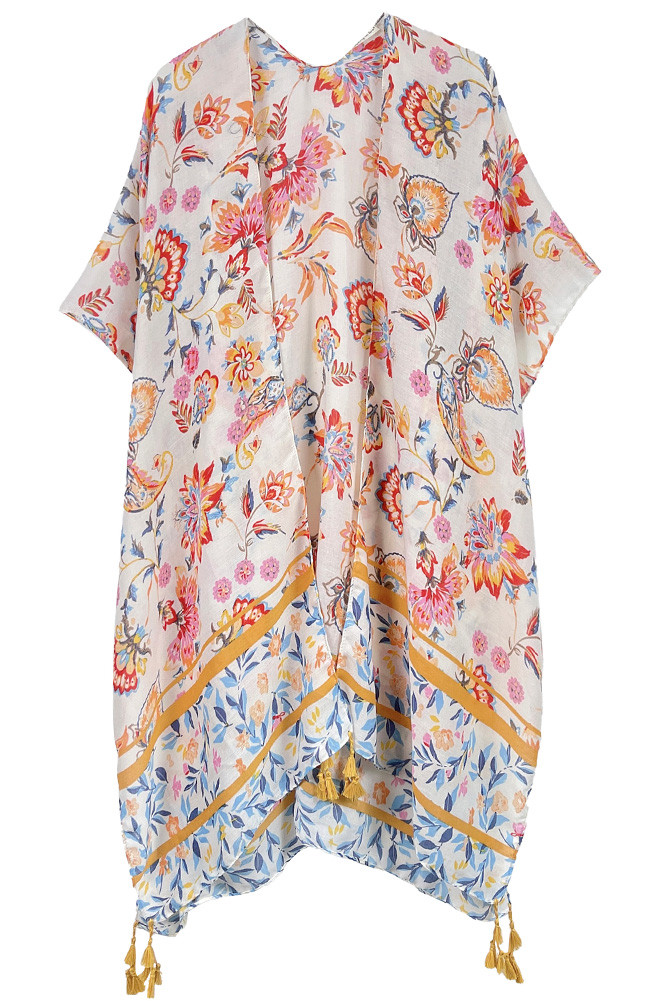 Women's Floral Print Tassel Kimono in Ivory