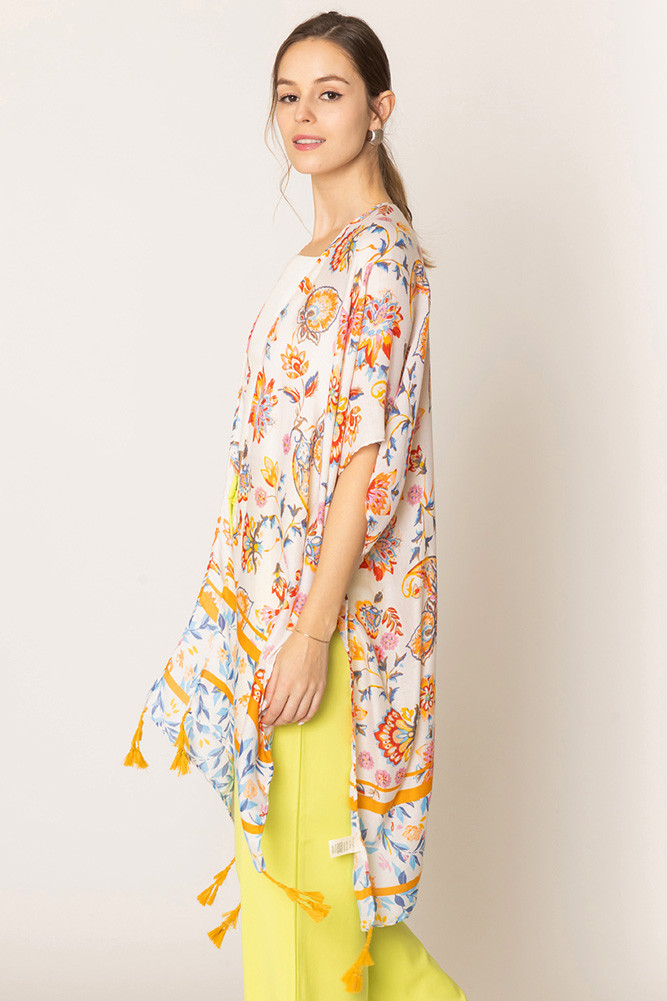 Women's Floral Print Tassel Kimono in Ivory