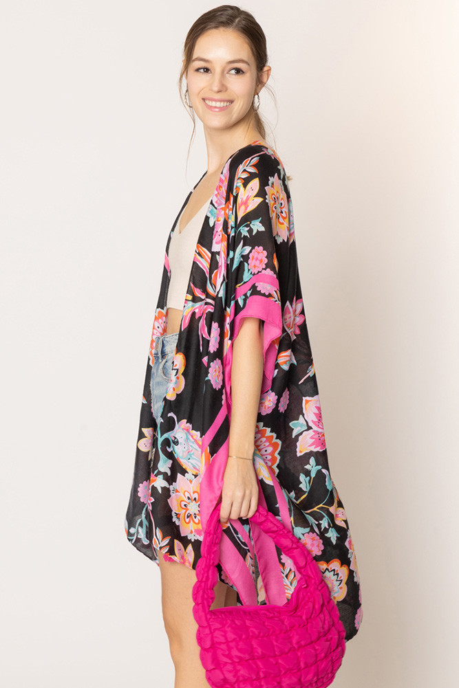 Women's Floral Print Stripe Edge Tassel Kimono in Black