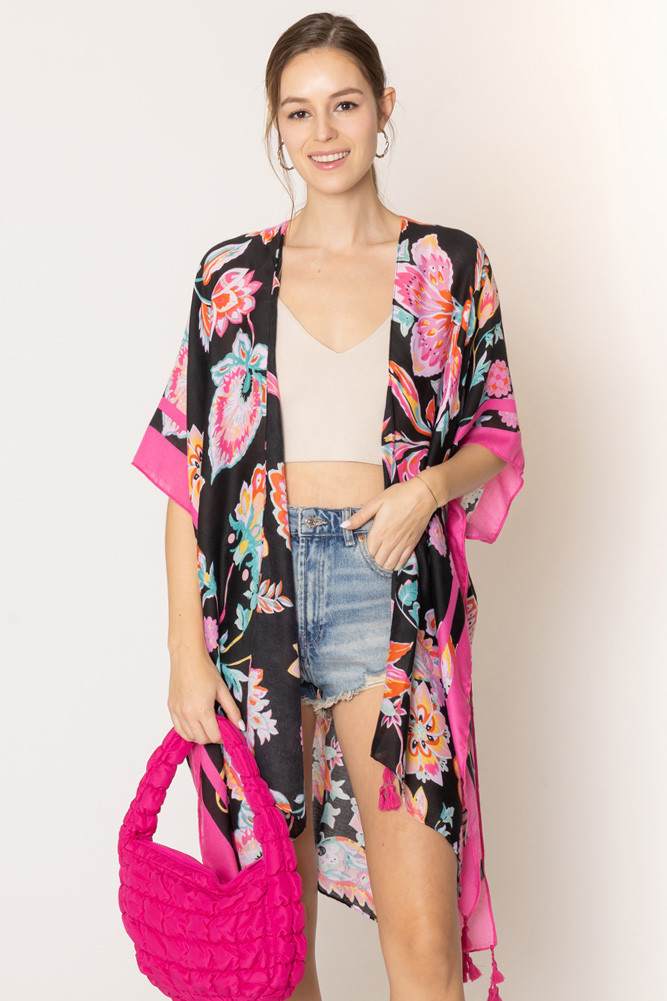 Women's Floral Print Stripe Edge Tassel Kimono in Black