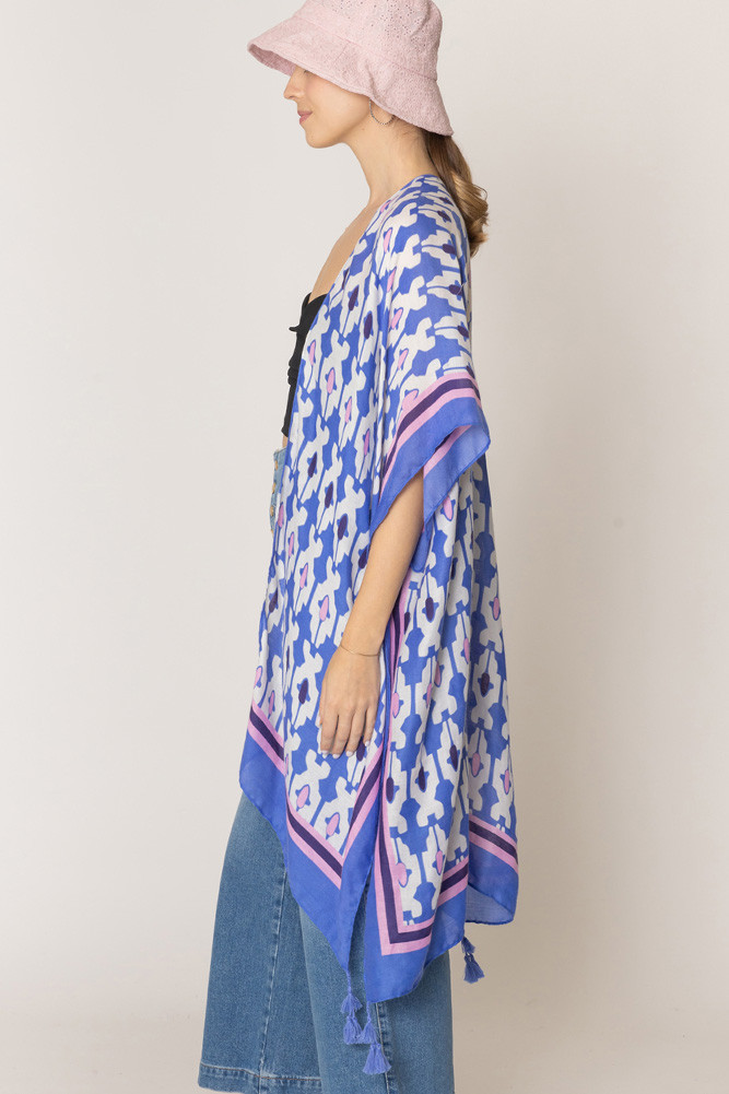 Women's Tile Print Stripe Edge Tassel Kimono in Blue