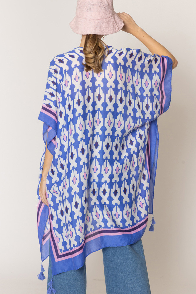 Women's Tile Print Stripe Edge Tassel Kimono in Blue