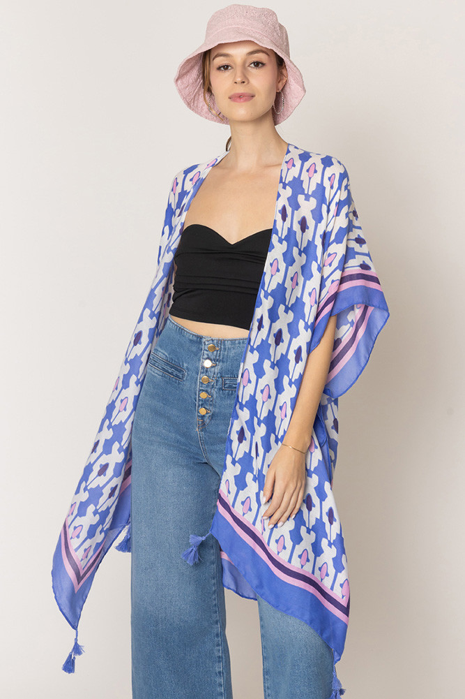 Women's Tile Print Stripe Edge Tassel Kimono in Blue