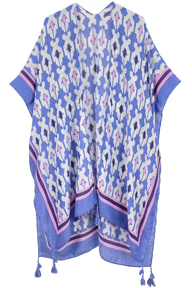 Women's Tile Print Stripe Edge Tassel Kimono in Blue