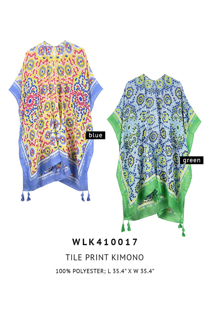 Women's Tile Print Stripe Edge Tassel Kimono — kimono photo 2