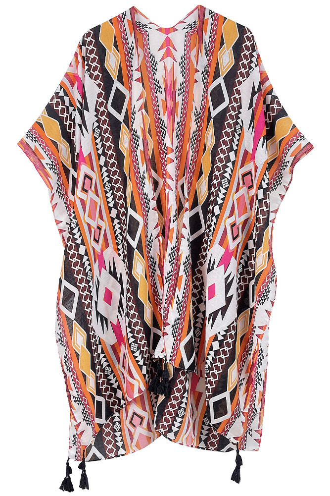 Women's Aztec Print Tassel Kimono in Orange