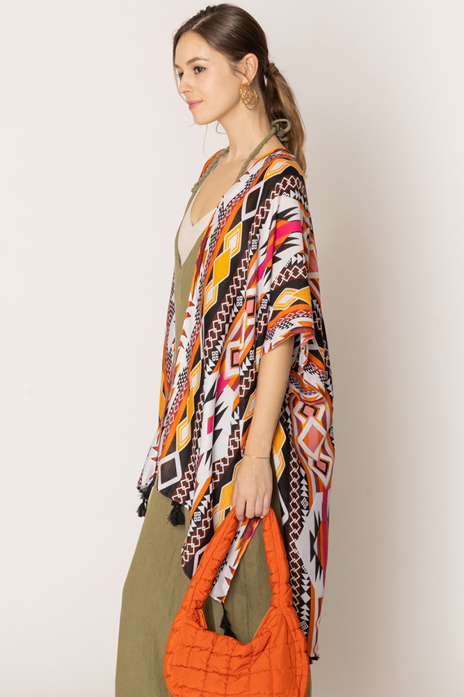 Women's Aztec Print Tassel Kimono in Orange
