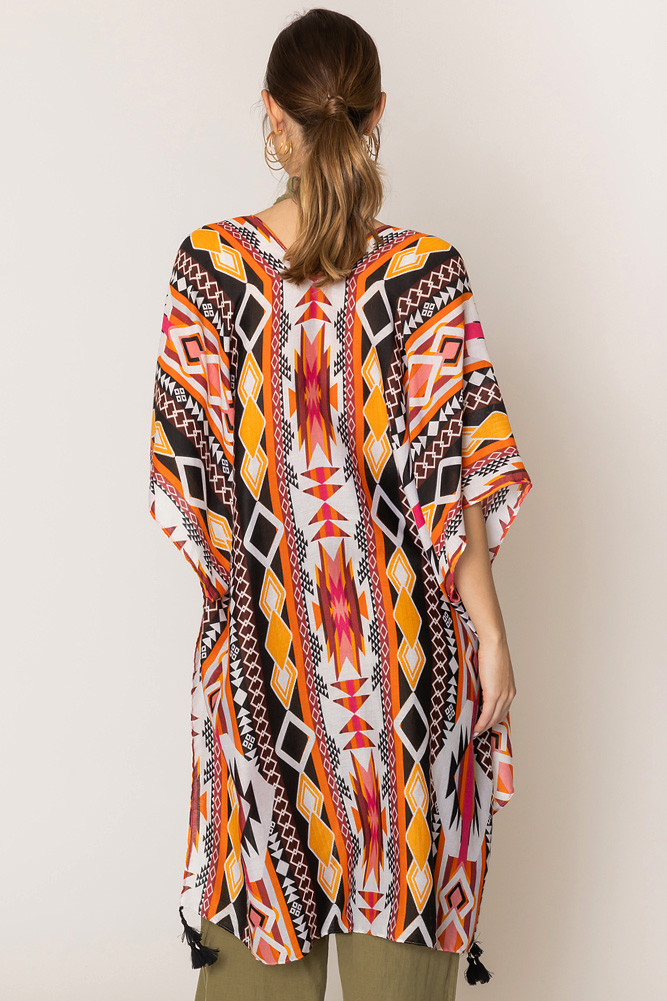 Women's Aztec Print Tassel Kimono in Orange