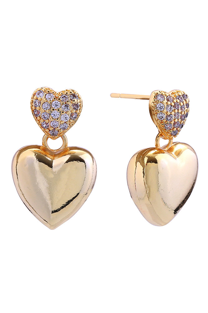 Women's 14K Gold Dipped Double Heart Pave Stud Earrings in Gold