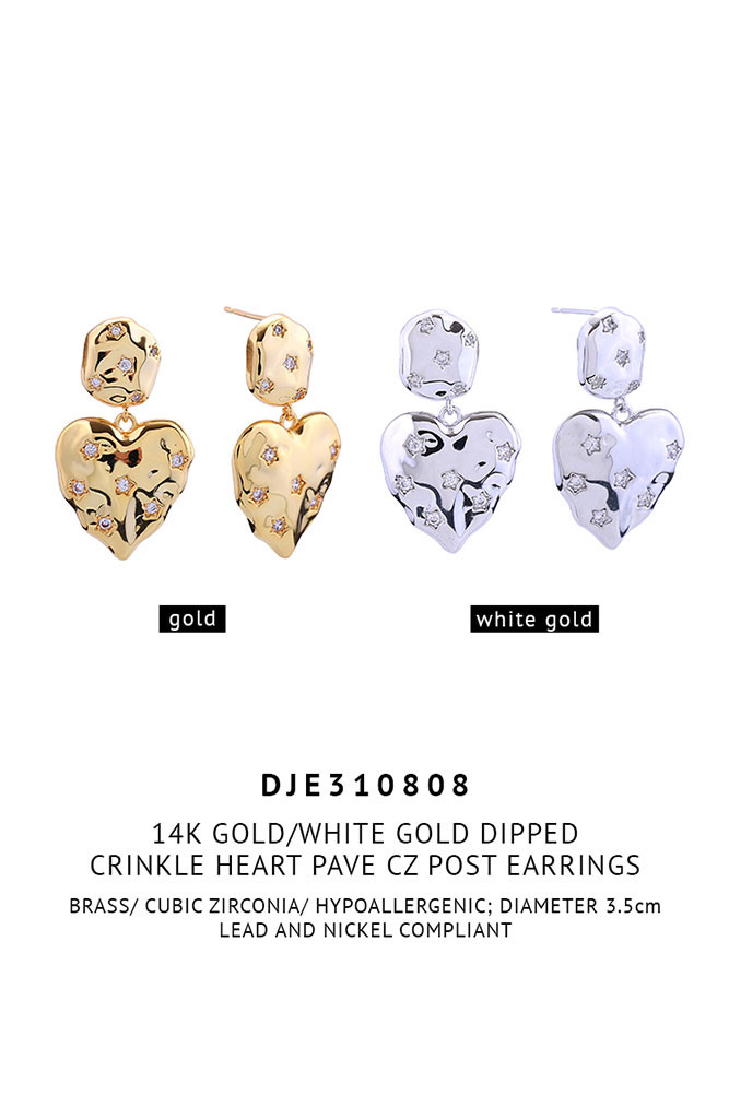 Women's 14K Gold Dipped Crinkle Heart Pave CZ Stud Earrings — earrings photo 2