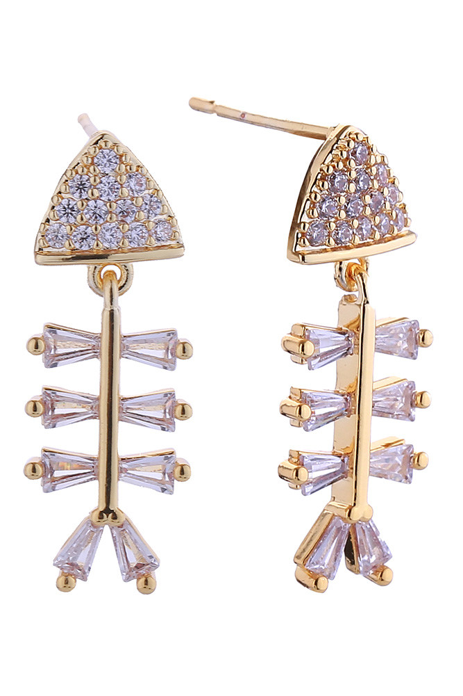 Women's 14K Gold Dipped Fish Bone Pave CZ Stud Earrings in Gold