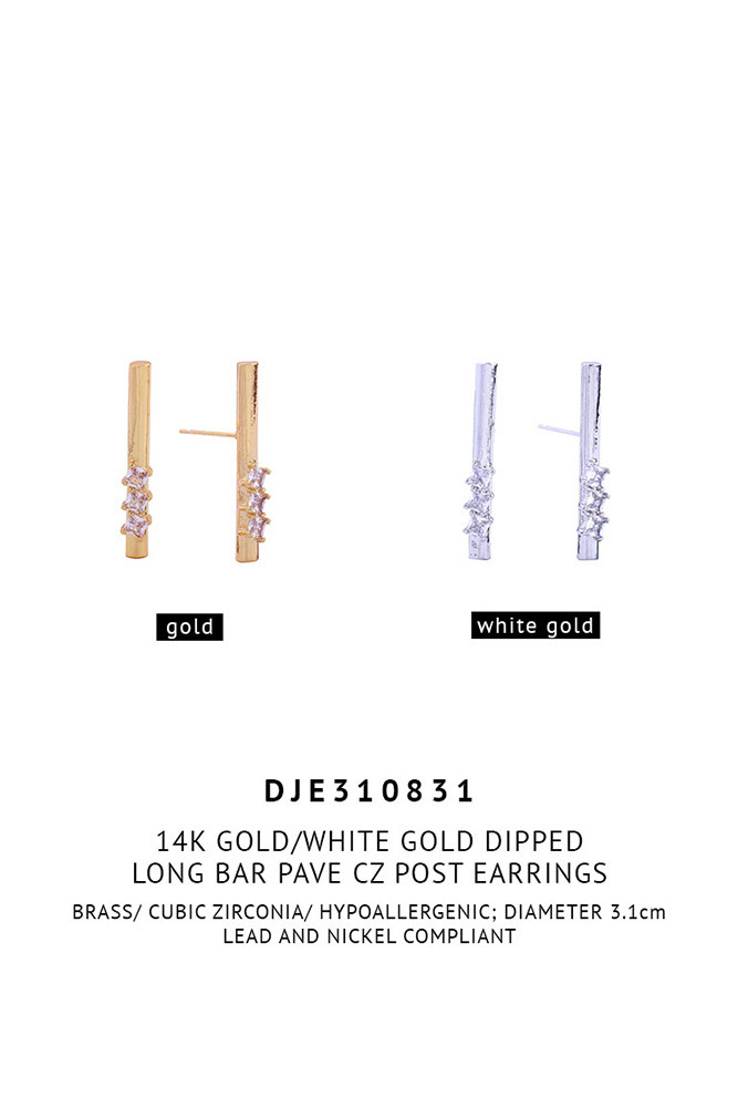 Women's 14K Gold Dipped Long Bar Pave CZ Stud Earrings — earrings photo 2