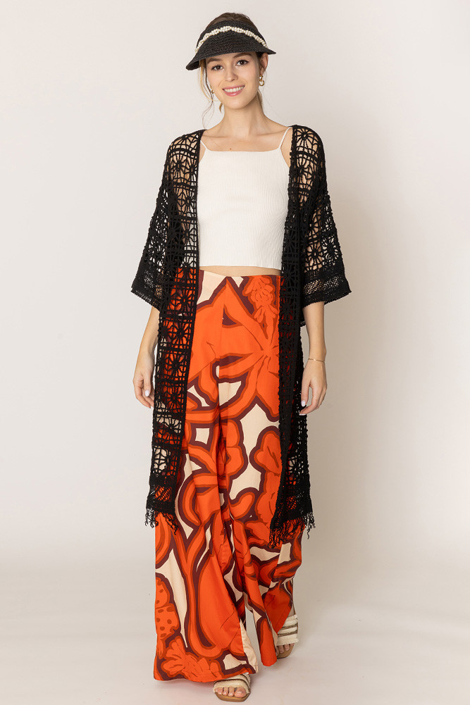 Women's Solid Crochet Cardigan in Black