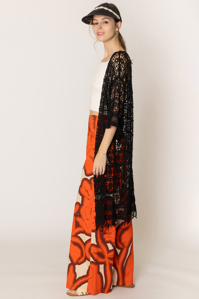 Women's Solid Crochet Cardigan in Black