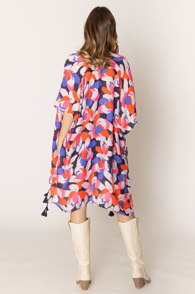 Women's Floral Print Tassel Kimono in Black