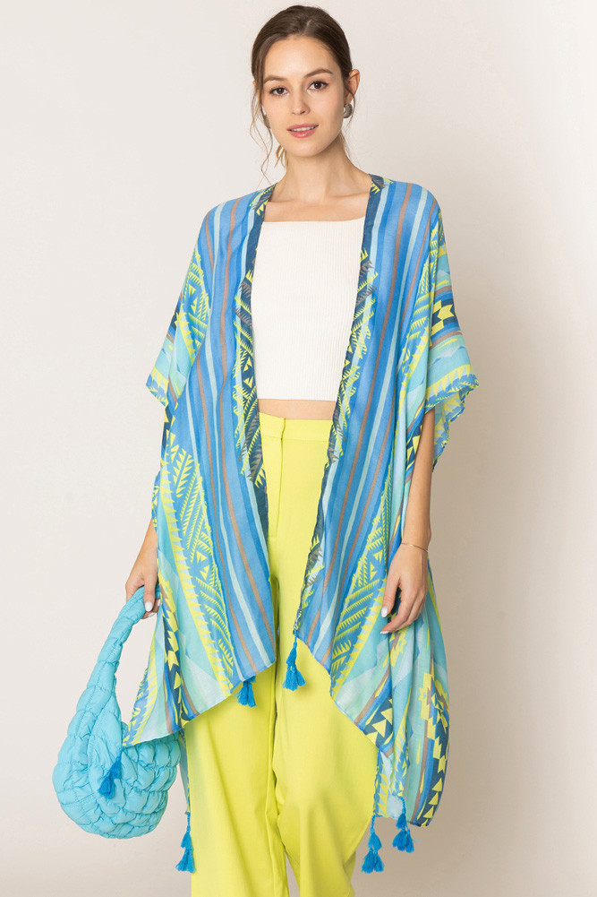 Women's Aztec Pattern Stripe Print Tassel Kimono in Blue by BURACQ