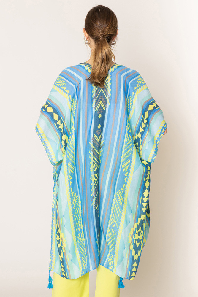 Women's Aztec Pattern Stripe Print Tassel Kimono in Blue
