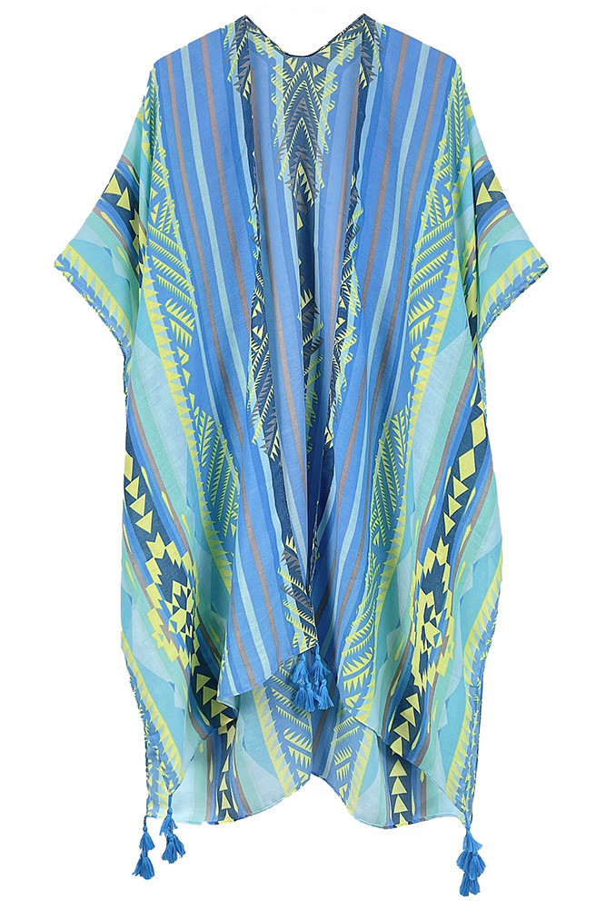 Women's Aztec Pattern Stripe Print Tassel Kimono in Blue