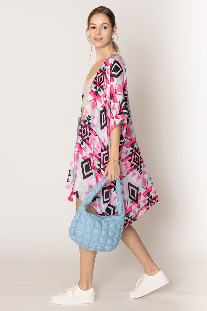 Women's Aztec Pattern Print Tassel Kimono in Fuchsia