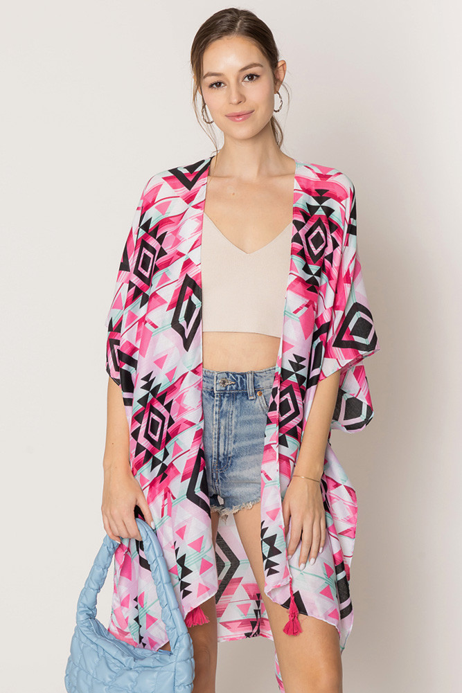 Women's Aztec Pattern Print Tassel Kimono in Fuchsia