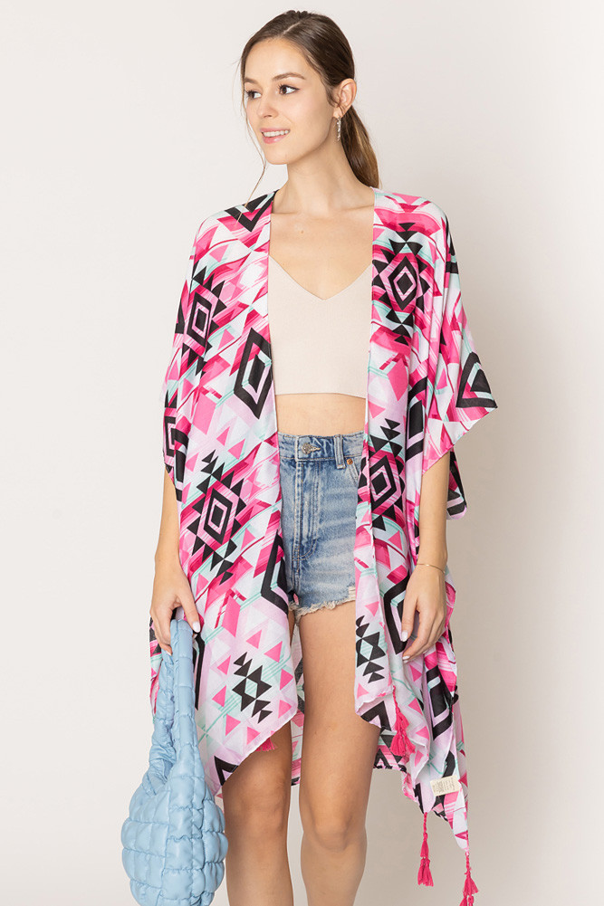Women's Aztec Pattern Print Tassel Kimono in Fuchsia