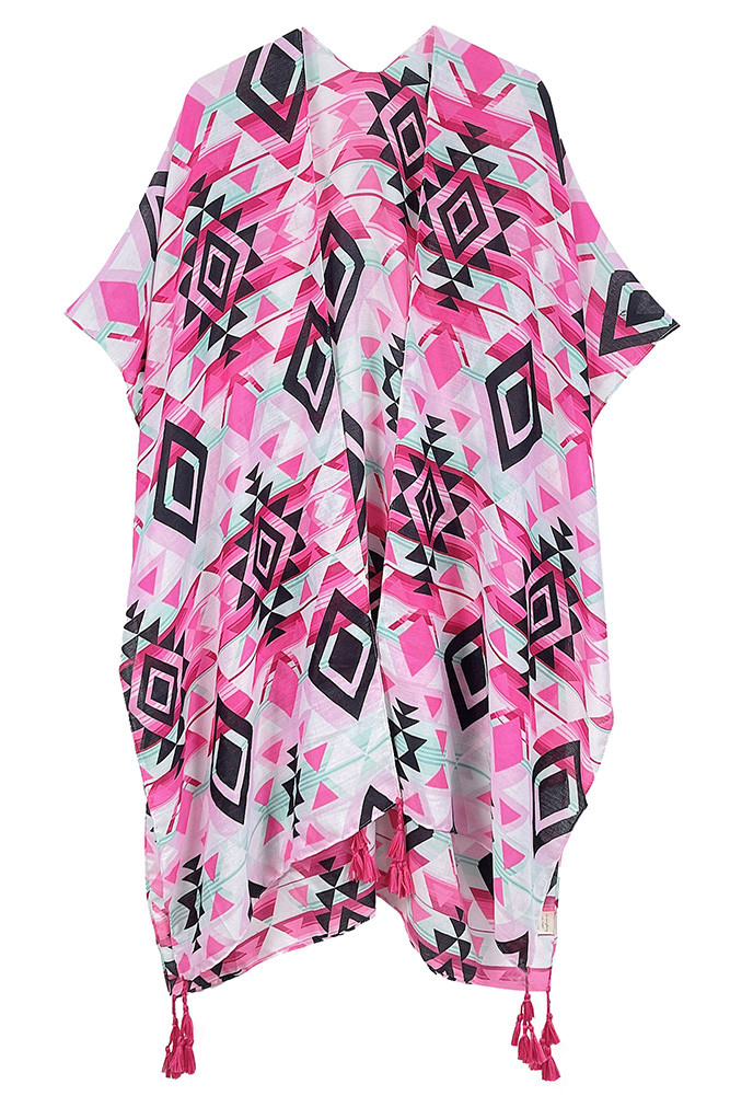 Women's Aztec Pattern Print Tassel Kimono in Fuchsia