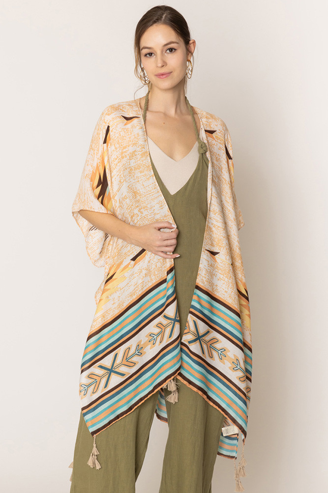 Women's Aztec Pattern Print Tassel Kimono by BURACQ