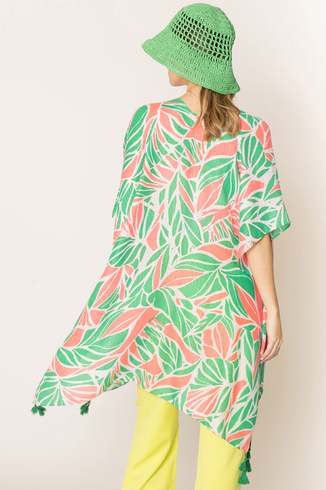 Women's Abstract Leaves Pattern Tassel Kimono in Green