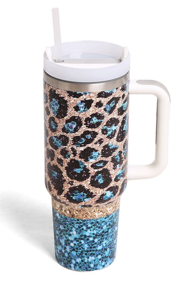 Leopard Multi Print 40 oz Tumbler with Handle in Blue