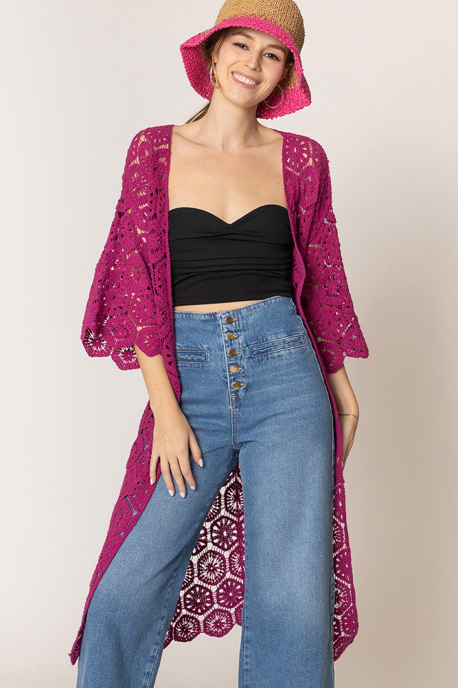 Women's Geometric Pattern Crochet Long Solid Cardigan in Berry