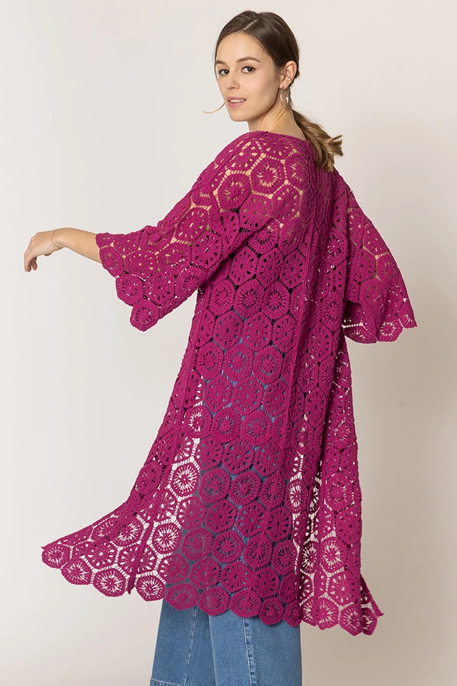 Women's Geometric Pattern Crochet Long Solid Cardigan by BURACQ