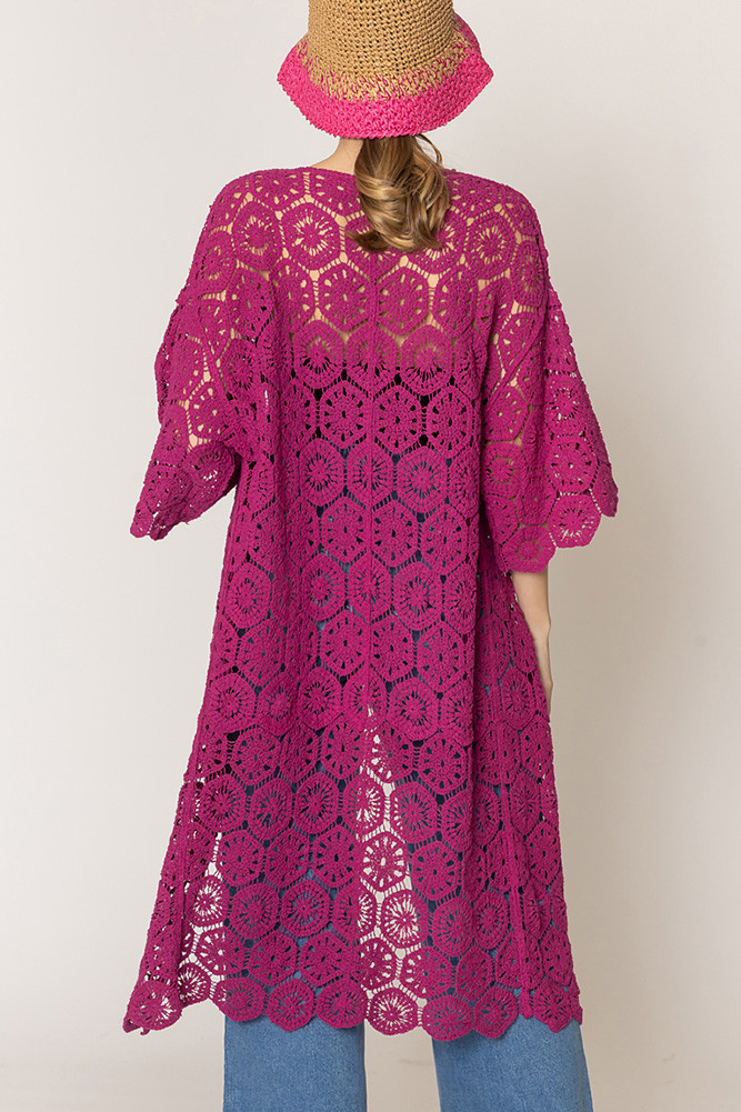 Women's Geometric Pattern Crochet Long Solid Cardigan in Berry